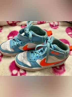 Nike Kids Light Blue and Orange High-Top Sneakers with Swoosh